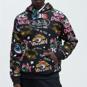 Von Dutch All Over Men's Black Graphic Sweatshirt Hoodie Large